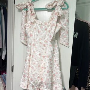 Floral Tie-Shoulder Mini Dress in White and Pink